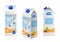 Milk packaging design. Realistic almonds drink boxes different angles view, natural vegan beverages, 3d pack with white