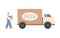 Milk plant worker loading dairy into van, cartoon vector illustration isolated.