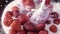 Milk pouring into bowl with fresh stawberries