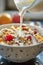 Milk pouring in bowl of healthy breakfast crunchy Granola Cereals with stawberry , blueberry vegan food