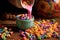 milk pouring onto colorful cereal from above