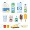 Milk products. Dairy food yogurt leche cheese ice cream vector cartoon natural healthy products collection