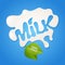 Milk splash icon. Label lettering design. Vector illustration