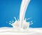 Milk splash and pouring, white splatter on blue background, Realistic healthy drink yogurt or cream motion. Vector