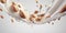 Milk splash swirls and almond for demonstration food shot background.ai generated images