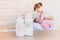 Milk storage bottle on blurred mothers breast milk is most healthy food for newborn baby bester food