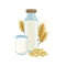 Milk wheat in a glass bottle. Healthy lifestyle. Vector wheat ears spikelets with grains. Wheat vegan milk in a bottle. Vector.nn
