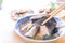 Milkfish skin soup, distinctive Taiwan delicacy food in Tainan. Famous meal set for lunch or breakfast with vegetable, top view,