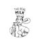 The milkman is holding a bottle of milk and he loves it. Vintage logo or label for shop. Badge for t-shirts. Hand Drawn