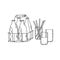 Milkman s wire basket with full bottles of milk, milk glasses and glass straws in line art style