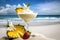 Milkshake with tropical fruits on the beach. Vacation background.