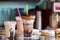 Milkshakes with donuts for takeaway in a cafe