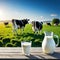 milky morning on dairy glass jug of milk and jar of cream on wooden A