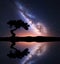 Milky Way with alone tree on the hill near the lake