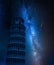 Milky way, falling stars and leaning Tower of Pisa