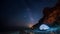 Milky Way galaxy over a tent at a sandy beach