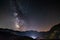 The Milky way galaxy and stars over the Italian French Alps. Night sky on majestic snowcapped mountains and glaciers. Meteor