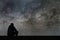 Milky Way. Night sky with stars and silhouette alone man looking