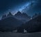 Milky way over Church St. Johann in Ranui, Dolomites