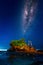 Milky way over Tanah Lot Temple at night in Bali, Indonesia.