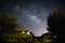 Milky Way Rising Above House or Cottage in the Woods with Trees