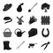 Mill, gloves, fence and other farm equipment. Farm and gardening set collection icons in black style vector symbol stock