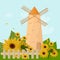 Mill in the summer Vector. Sunflowers provence style