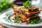 Millefeuille with Eggplants and Carrots on White Restaurant Plate, Fried Sliced Eggplant and Carrot