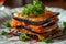 Millefeuille with Eggplants and Carrots on White Restaurant Plate, Fried Sliced Eggplant and Carrot