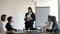 Millennial businesswoman talk leading meeting in boardroom