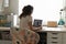 Millennial girl study online talk with teacher on laptop