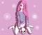 Millennial teenager in pastel goth clothes holding a skull in her hands. Girl with pink hair sitting.