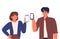 Millennial woman and man show a blank phone flat vector illustration.