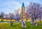 Millennium Memorial Park with stones and Church of St Peter and Paul on background, Budapest, Hungary