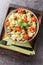 Millet porridge with eggplant, onions, tomatoes and basil close-up in a bowl. Vertical top view