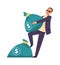 Millionaire with bag of cash. Man carries sack full of money. Happy successful businessman. Financial revenue or jackpot