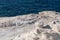 Milos island Greece detail of Sarakiniko Beach in summer time