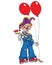 Mime clown with cupcake and colorful balloons smiling and waving