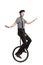 Mime riding a unicycle and making a grimace