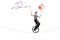 Mime riding a unicycle on a rope holding a ribbon with a heart shape and a bunch of colorful balloons