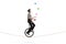 Mime riding a unicycle on a rope and juggling with balls