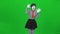 Mime woman is putting hands on invisible glass. Chroma key.