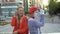 Mime and young girl has fun at fountain background