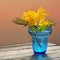 Mimosa flowers in blue glass vase