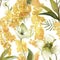 Mimosa and hellebore watercolor pattern for wallpapers and textile deisign. Spring painted flowers. Yellow acacia