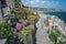 Minack theater gardens and carved pathways and sea