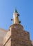 A minaret on the Al-Muallaq Mosque in the fortress in the old city of Acre in Israel