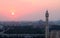 Minaret of the Mosque Against Marvelous Pink Sunset Sky