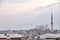 Minaret  seagull and heavy foggy ulu mountain (uludag)