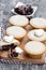 Mince pie group on cutting board on wooden background